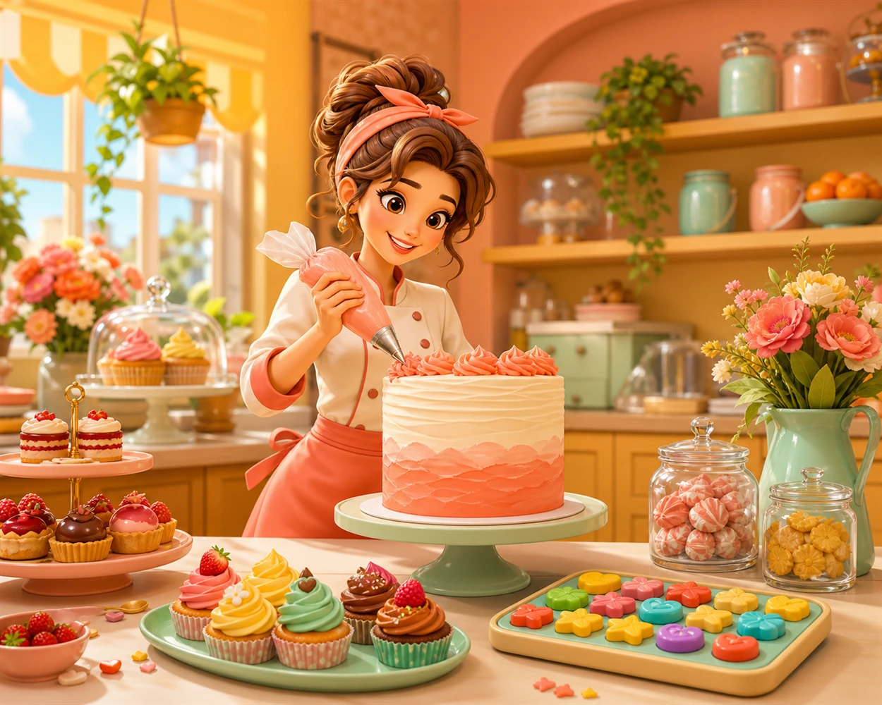 A cheerful baker decorating a cake beside colorful sweets in a sunny bakery