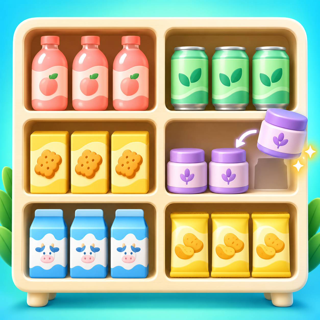 Colorful groceries arranged in matching groups on a wooden shelf